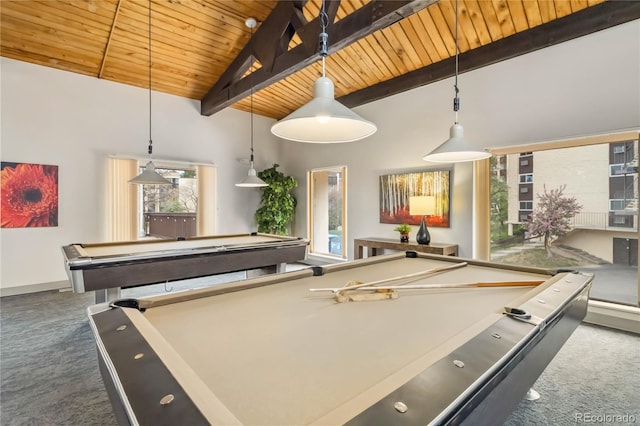 recreation room featuring carpet floors, billiards, wood ceiling, and lofted ceiling with beams