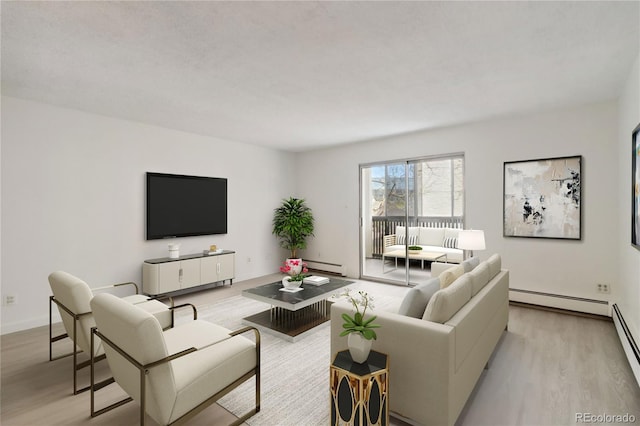living area with a baseboard radiator, light wood finished floors, and baseboard heating
