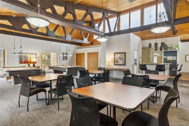carpeted dining room with billiards, wooden ceiling, high vaulted ceiling, and beamed ceiling
