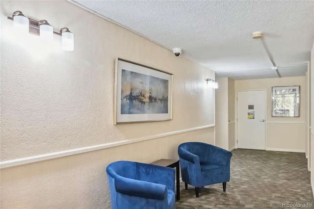 3470 S Poplar St Unit 102, Denver, CO 80224 - living area with carpet flooring, a textured ceiling, and a textured wall