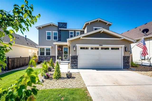 3966 Long Rifle Dr, Castle Rock, CO 80108 - view of front facade with stone siding, a garage, concrete driveway, and a chimney