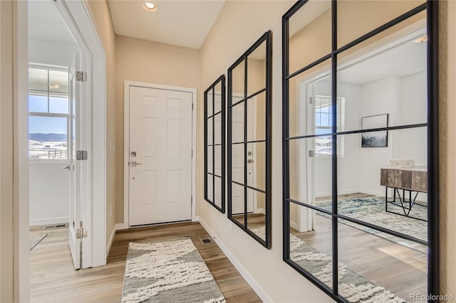 doorway to outside featuring wood finished floors, baseboards, and a wealth of natural light