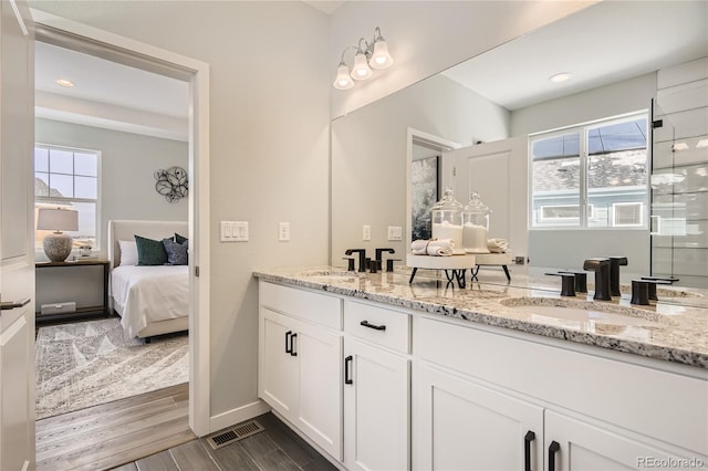 ensuite bathroom featuring a sink, wood finish floors, and a wealth of natural light