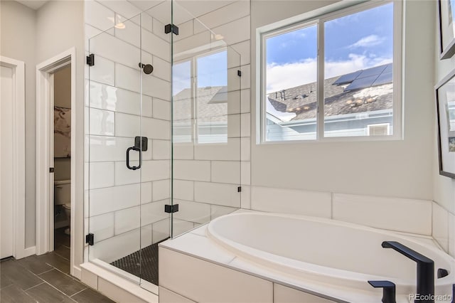 full bathroom with a wealth of natural light, toilet, a bath, and a shower stall