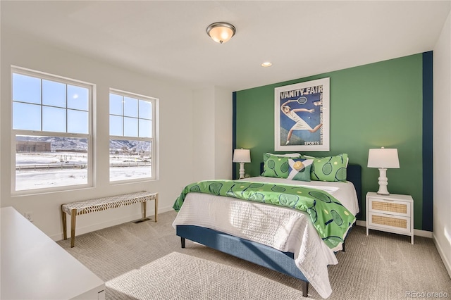 carpeted bedroom with recessed lighting and baseboards