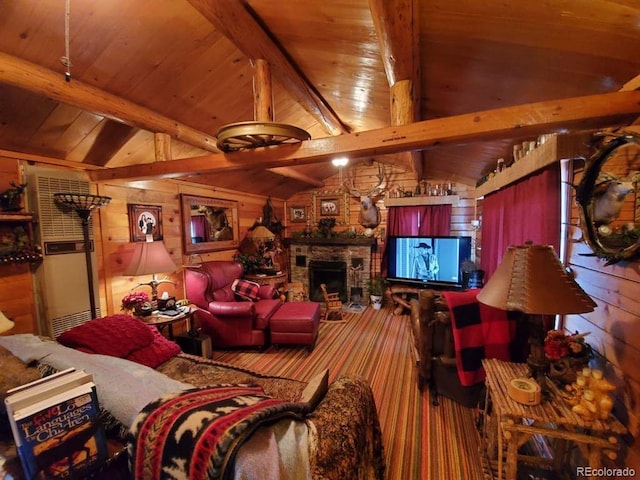 22585 County Road 292, Nathrop, CO 81236 - living area with wood ceiling, wood walls, a stone fireplace, and carpet floors