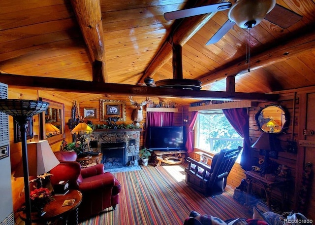 22585 County Road 292, Nathrop, CO 81236 - carpeted living room featuring wooden ceiling, a stone fireplace, ceiling fan, and wood walls