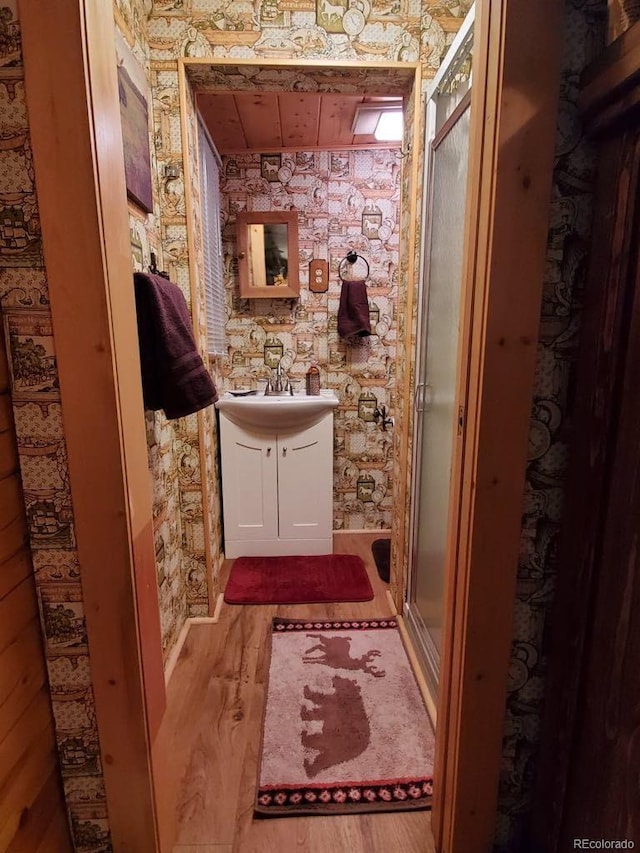 22585 County Road 292, Nathrop, CO 81236 - full bathroom with vanity, wood finished floors, and a stall shower