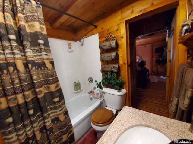 22585 County Road 292, Nathrop, CO 81236 - bathroom with shower / tub combo with curtain, wooden ceiling, and vanity