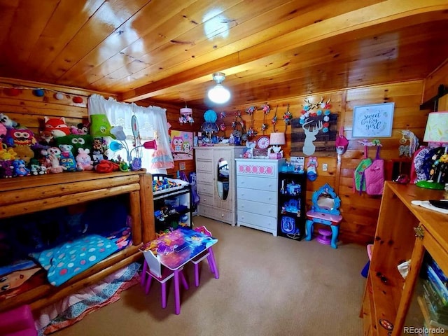 22585 County Road 292, Nathrop, CO 81236 - playroom featuring wooden ceiling, wooden walls, and carpet flooring