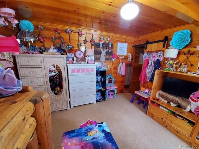 22585 County Road 292, Nathrop, CO 81236 - bedroom featuring carpet flooring, wood walls, a barn door, and wood ceiling