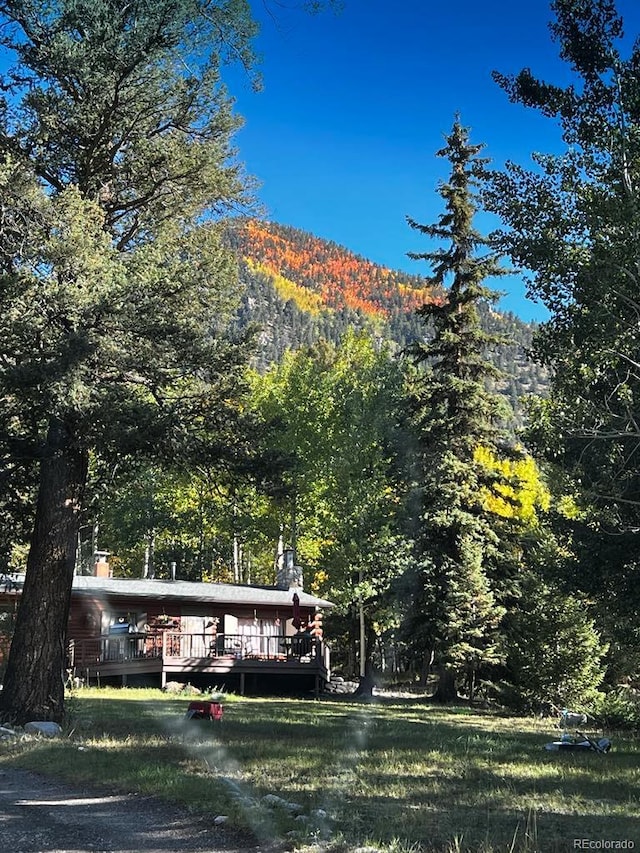 22585 County Road 292, Nathrop, CO 81236 - rear view of house featuring a deck with mountain view, a forest view, and a yard