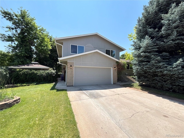 7160 E Iliff Ave, Denver, CO 80224 - view of front of property with brick siding, a front yard, driveway, and board and batten siding