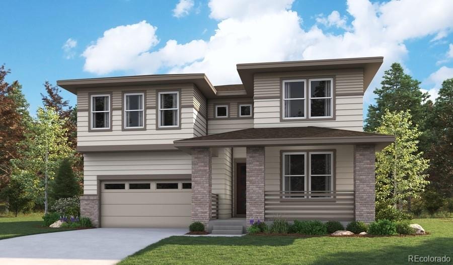 view of front of home featuring an attached garage, driveway, a front lawn, and brick siding