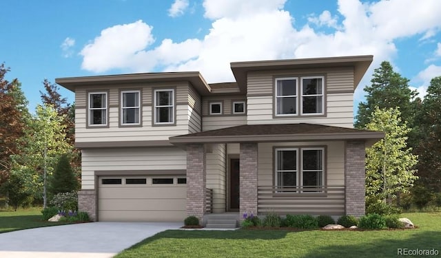 view of front of home featuring an attached garage, driveway, a front lawn, and brick siding
