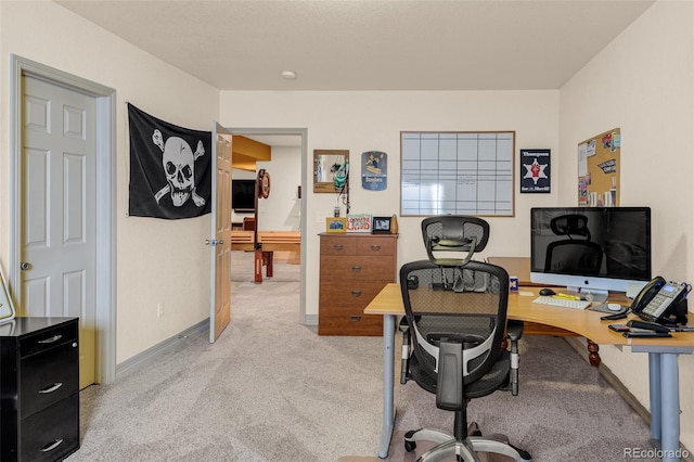 office area featuring light carpet