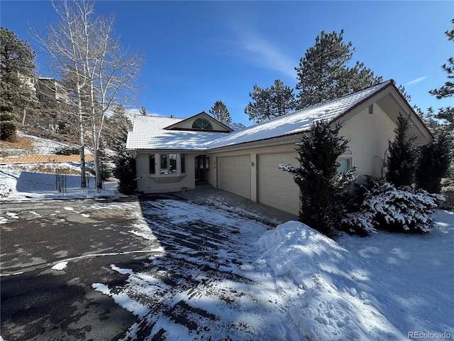 ranch-style home featuring a garage, driveway, and stucco siding