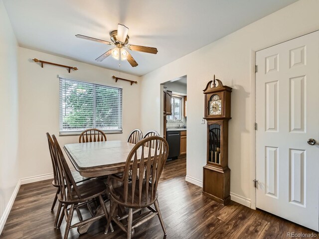 11707 W 65th Cir, Arvada, CO 80004 - dining room with a ceiling fan, dark wood-style flooring, and baseboards