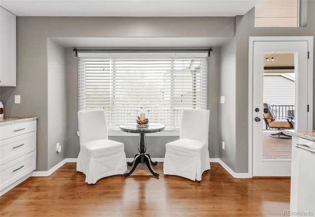 sitting room with light wood finished floors, plenty of natural light, and baseboards