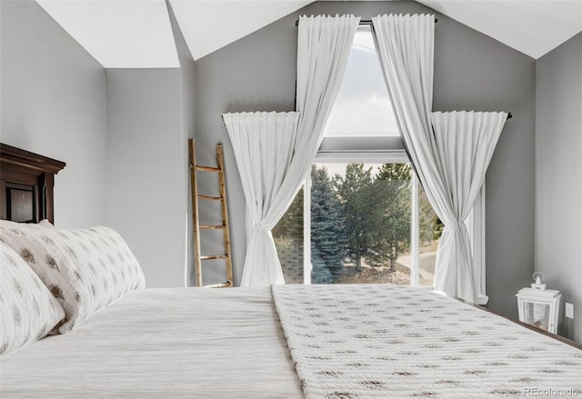 bedroom featuring access to exterior and vaulted ceiling