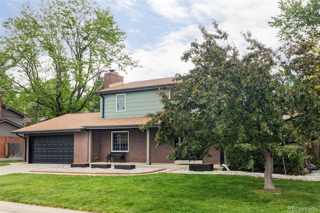 6982 Estes Dr, Arvada, CO 80004 - view of front facade featuring a garage, brick siding, a front lawn, concrete driveway, and a chimney