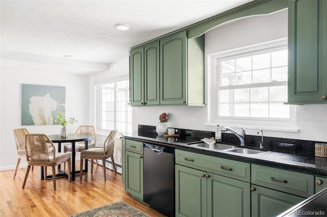 6982 Estes Dr, Arvada, CO 80004 - kitchen with green cabinetry, stainless steel dishwasher, a sink, and light wood finished floors