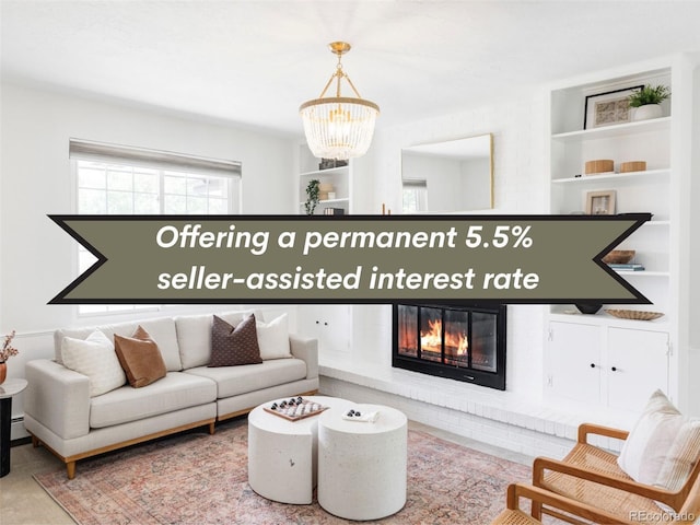 6982 Estes Dr, Arvada, CO 80004 - living area with a chandelier, a brick fireplace, and built in shelves
