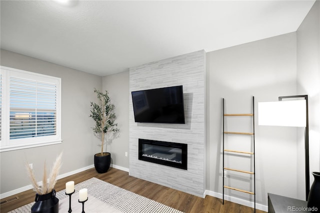 living room with a tile fireplace and wood-type flooring