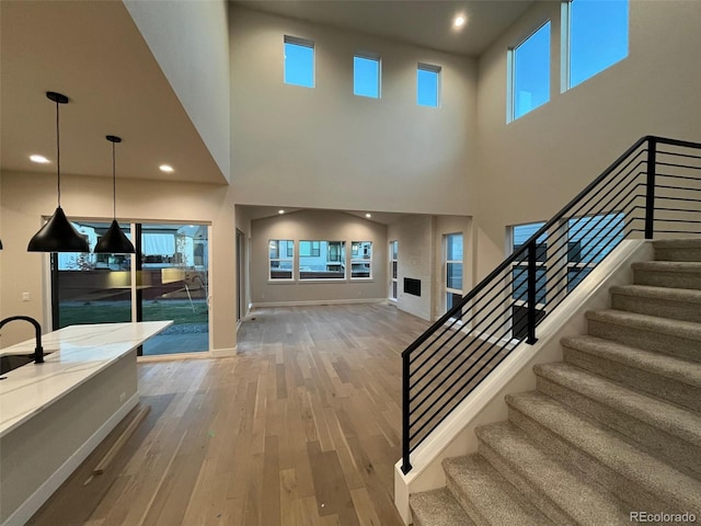 interior space featuring hardwood / wood-style flooring and a towering ceiling