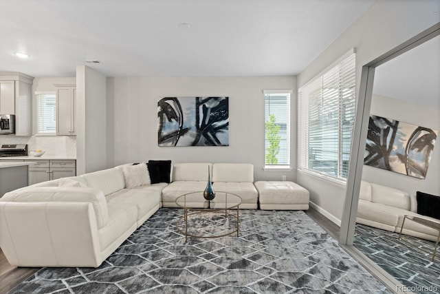 living room with wood finished floors and baseboards