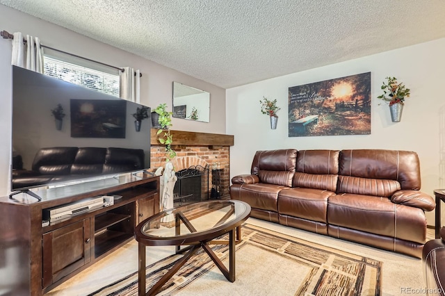 2072 S Helena St Unit B, Aurora, CO 80013 - living area featuring a textured ceiling and a brick fireplace