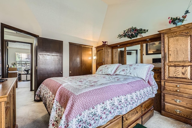 2072 S Helena St Unit B, Aurora, CO 80013 - bedroom featuring light carpet, two closets, and high vaulted ceiling