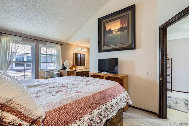 2072 S Helena St Unit B, Aurora, CO 80013 - bedroom with a textured ceiling, light carpet, and vaulted ceiling
