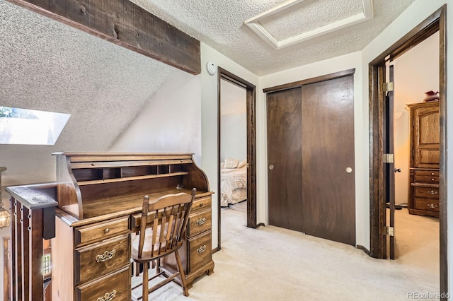 2072 S Helena St Unit B, Aurora, CO 80013 - office featuring a textured ceiling, carpet flooring, vaulted ceiling, and a skylight