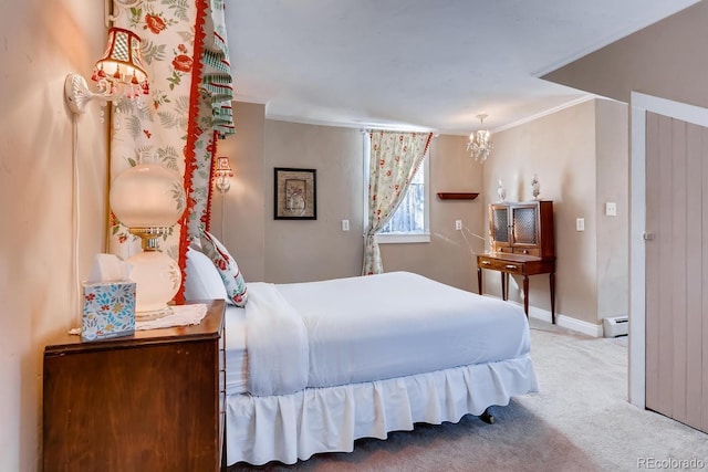 carpeted bedroom featuring a baseboard radiator, crown molding, and baseboards