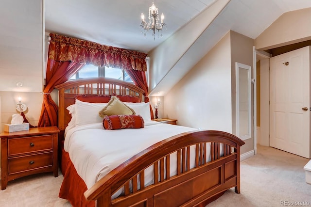 bedroom with light carpet, lofted ceiling, and an inviting chandelier