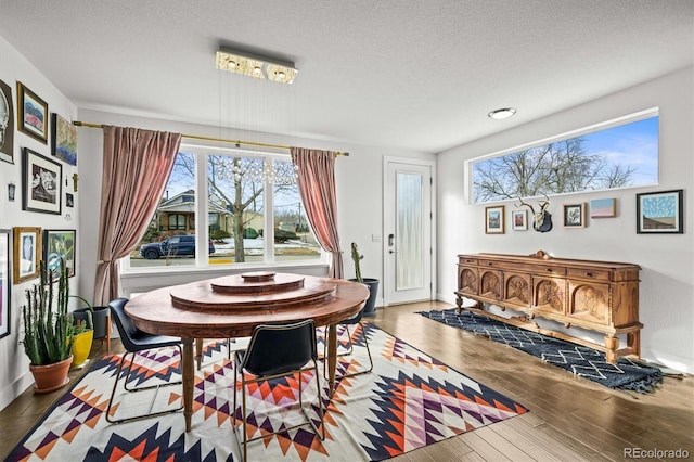 dining area featuring hardwood / wood-style floors and a textured ceiling