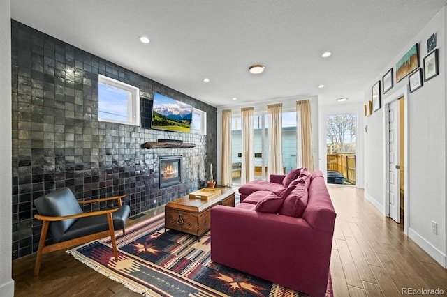 living room with hardwood / wood-style flooring, a fireplace, and plenty of natural light