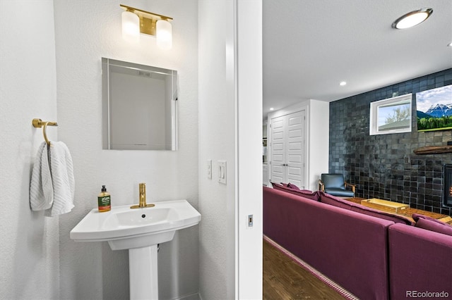 bathroom featuring hardwood / wood-style flooring and a fireplace