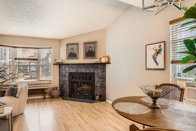 8168 Washington St Unit 46, Denver, CO 80229 - living room featuring a textured ceiling, wood finished floors, a tiled fireplace, and lofted ceiling
