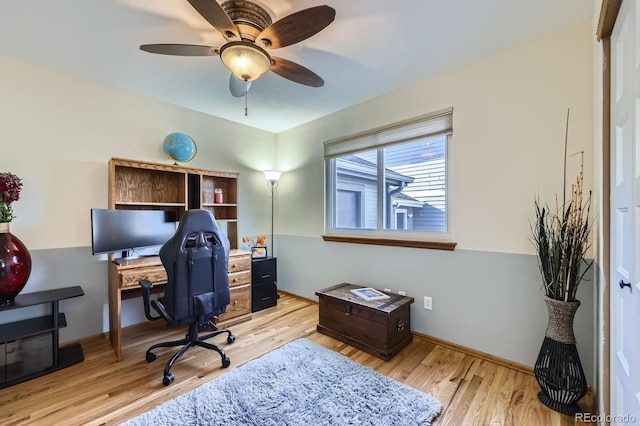 home office with a ceiling fan and light wood finished floors