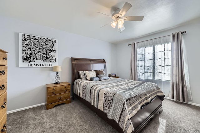 bedroom with ceiling fan, carpet floors, and baseboards
