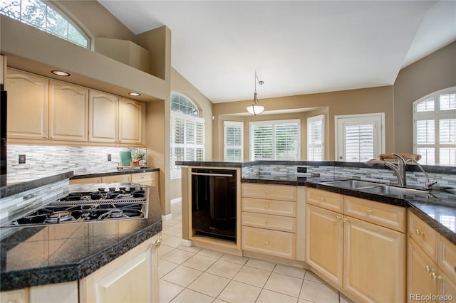 kitchen with a healthy amount of sunlight, light brown cabinetry, and vaulted ceiling