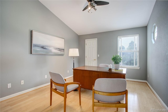 office with light hardwood / wood-style floors, lofted ceiling, and ceiling fan