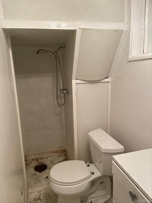 full bathroom featuring toilet, a stall shower, and vanity