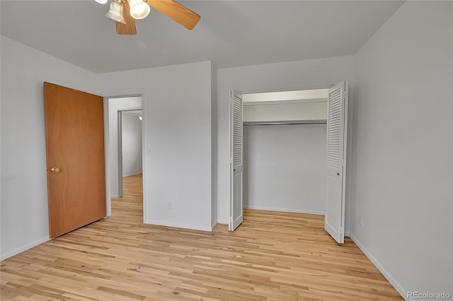 1304 De Reamer Cir, Colorado Springs, CO 80915 - unfurnished bedroom featuring light wood-type flooring, baseboards, a closet, and a ceiling fan