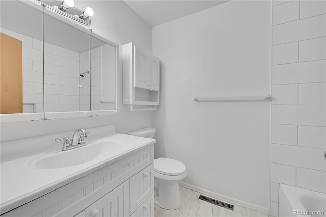 1304 De Reamer Cir, Colorado Springs, CO 80915 - full bathroom with toilet, vanity, baseboards, marble finish flooring, and shower / bath combination