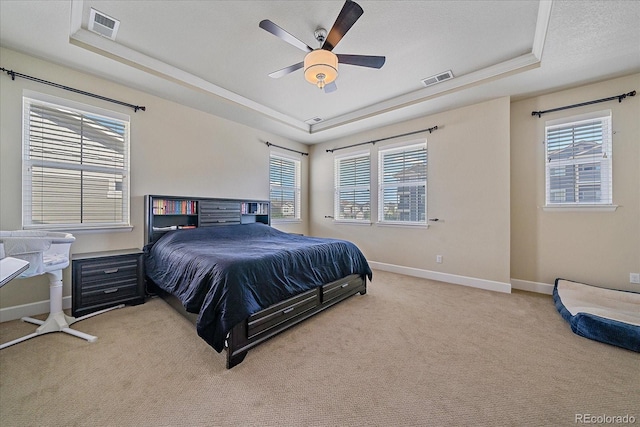 bedroom with a raised ceiling, light carpet, multiple windows, and a textured ceiling