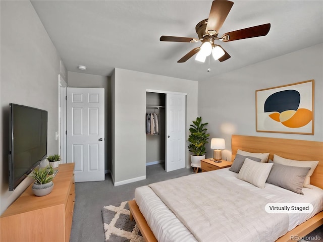 bedroom featuring ceiling fan, baseboards, a closet, and carpet
