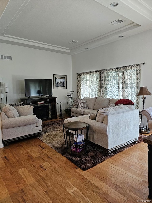 living room featuring hardwood / wood-style flooring, ornamental molding, and a tray ceiling